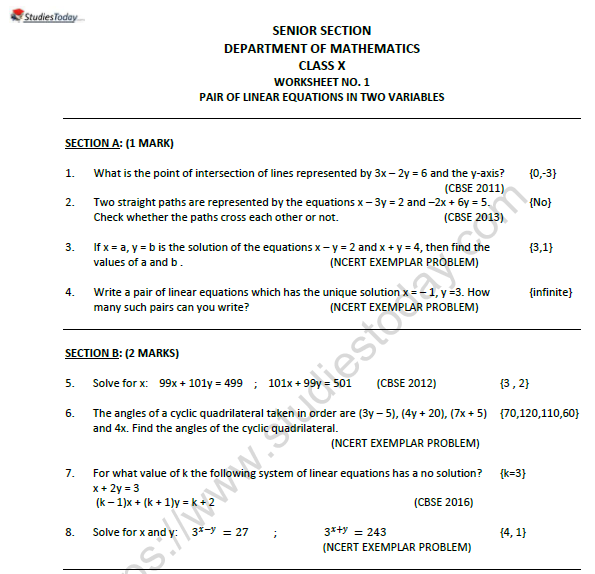 Cbse Class 10 Mathematics Pair Of Linear Equation In Two Variables Worksheet Set F 1637